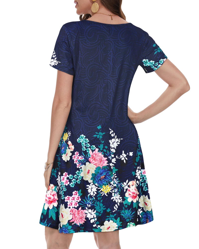 elescat Sundresses for Women Casual Beach Pockets Sleeve Floral Cotton Plus Size T Shirt Dress (Blue Flower,XL) - Image 5