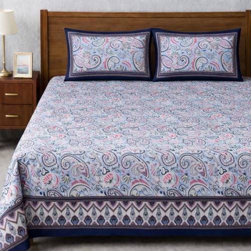 ElanorHomes 240 TC Cotton Double King Size Bedsheet | Hand Printed | Ultra-Soft & Skin-Safe | Breathable Summer Comfort | 93x108 inches with 2 Pillow Covers (Blue Floral Motifs) - Image 1
