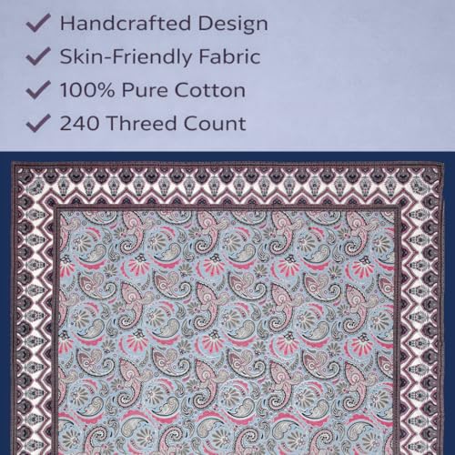 ElanorHomes 240 TC Cotton Double King Size Bedsheet | Hand Printed | Ultra-Soft & Skin-Safe | Breathable Summer Comfort | 93x108 inches with 2 Pillow Covers (Blue Floral Motifs) - Image 3