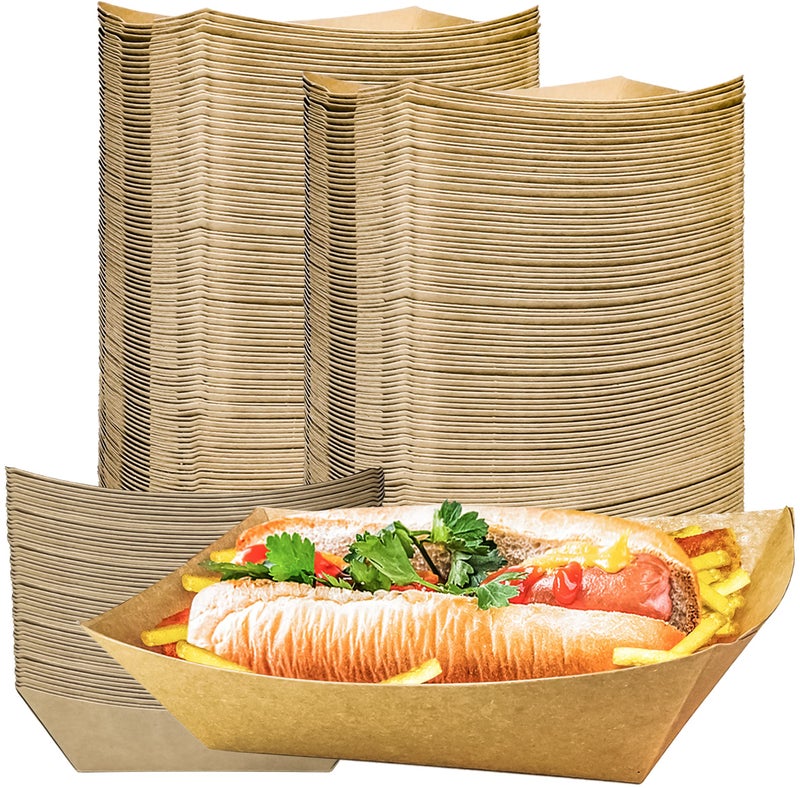 MotBach 100 Pack 3lb Kraft Paper Food Trays HeavyDuty Paper Food Boat Disposable Serving Basket Tray for French Fries Nachos Snack Hot Dog Taco BBQ Popcorn Party Picnic Wedding Party Brown