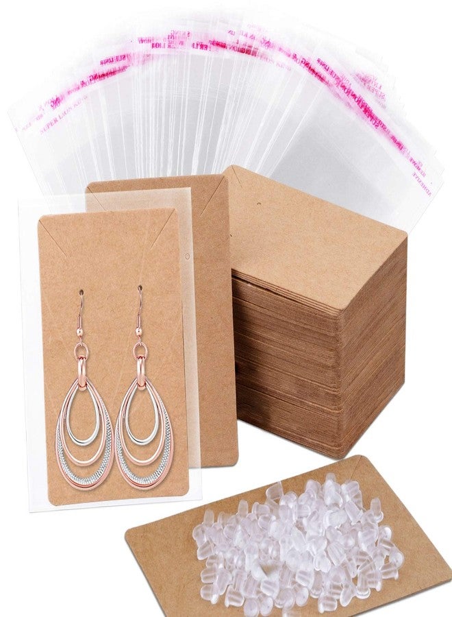 Anezus 100 Pcs Earring Display Cards with 200 Earring Backs and 100 Self-Sealing Bags for Earrings, Necklace & Jewelry Display, Kraft Color 3.5x2.4 Inches - Image 1