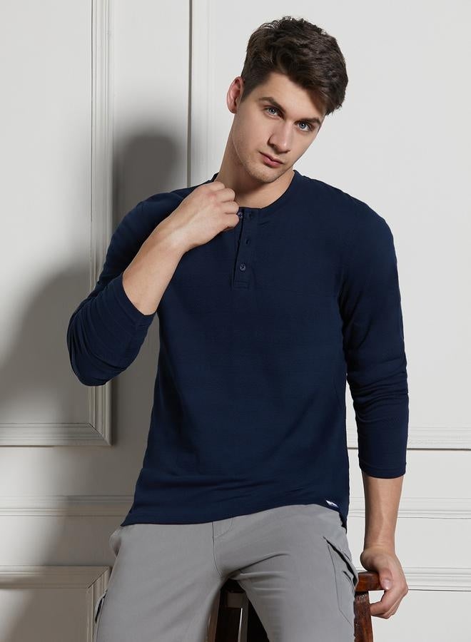 Dennis Lingo Men's Navy 100% Cotton Solid Pattern Regular Fit T-Shirt - Image 3