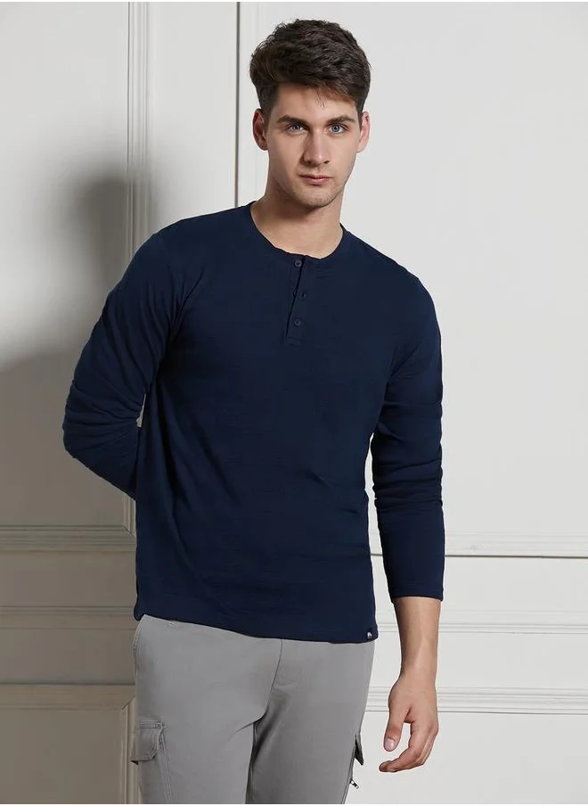 Dennis Lingo Regular Fit Navy Cotton Henley Neck T-Shirt