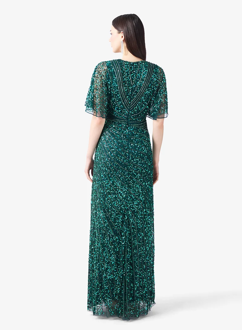 Amelia Rose V Neck Short Sleeve Sequin Maxi Dress