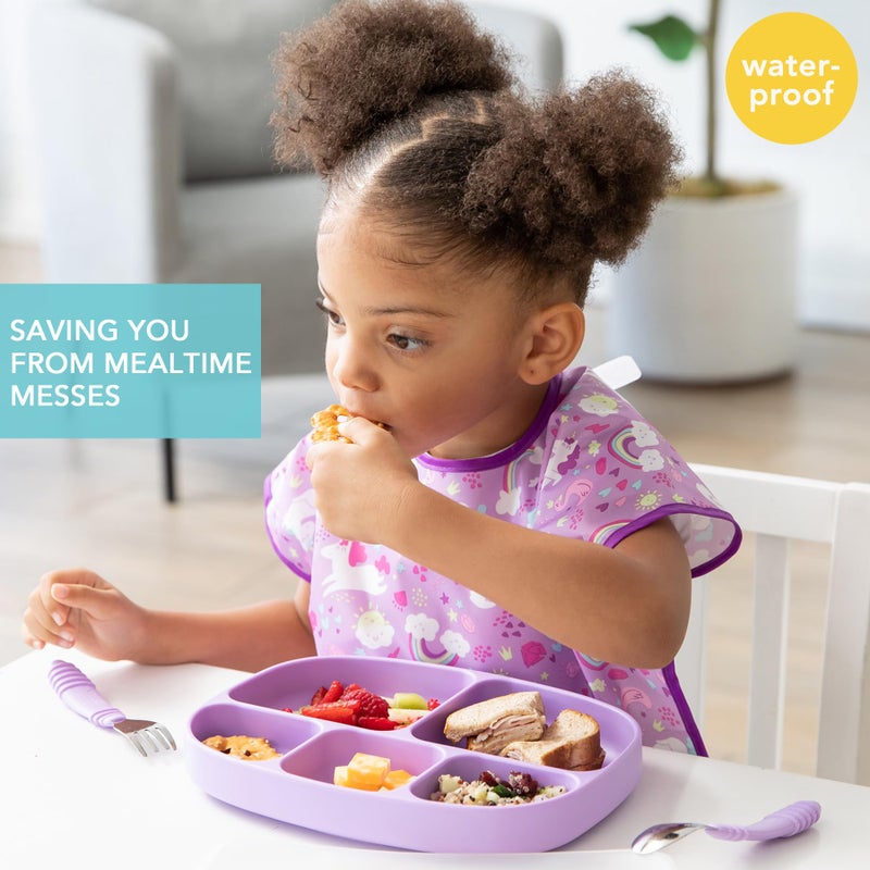 Bumkins Short Sleeve Bib for Girl or Boy, Toddler and Kids for 1-3 Years, Large Size, Essential Must Have for Junior Children, Eating, Mess Saving Soft Fabric Apron for Play, Unicorns Purple - Image 2