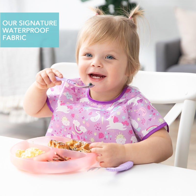 Bumkins Short Sleeve Bib for Girl or Boy, Toddler and Kids for 1-3 Years, Large Size, Essential Must Have for Junior Children, Eating, Mess Saving Soft Fabric Apron for Play, Unicorns Purple - Image 3