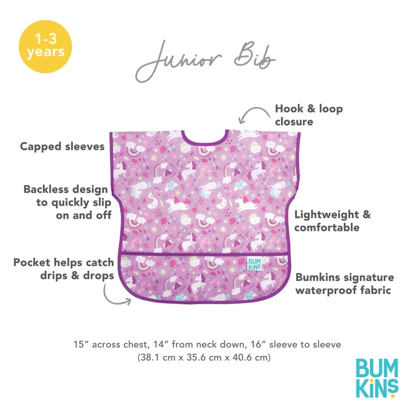Bumkins Short Sleeve Bib for Girl or Boy, Toddler and Kids for 1-3 Years, Large Size, Essential Must Have for Junior Children, Eating, Mess Saving Soft Fabric Apron for Play, Unicorns Purple - Image 5
