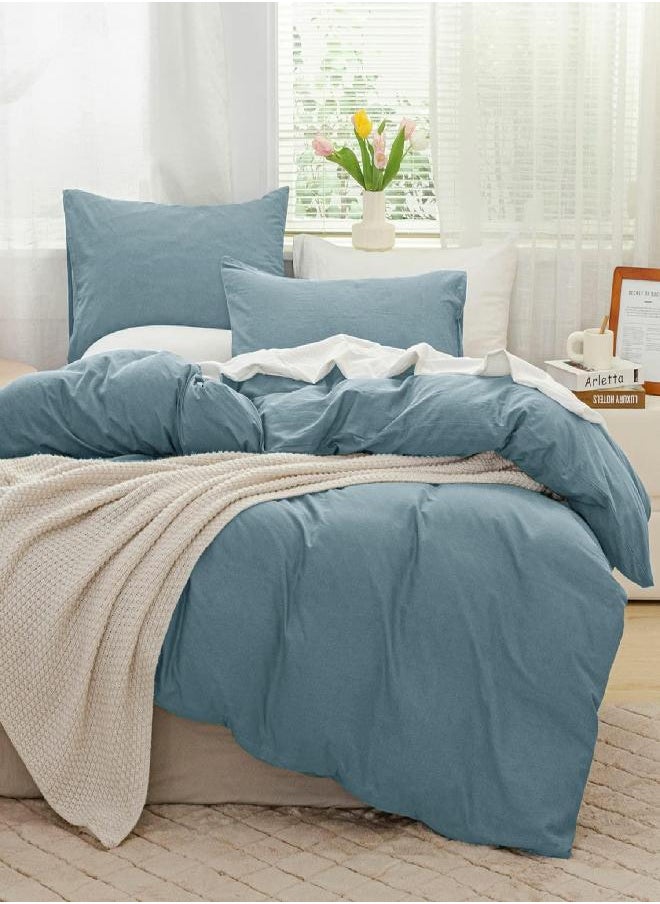 JELLYMONI JELLYMONI Grayish Blue 100% Washed Cotton Duvet Cover Set, 3 Pieces Luxury Soft Bedding Set with Zipper Closure. Solid Color Pattern Duvet Cover Queen Size(No Comforter)  - Image 1