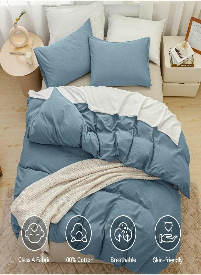 JELLYMONI JELLYMONI Grayish Blue 100% Washed Cotton Duvet Cover Set, 3 Pieces Luxury Soft Bedding Set with Zipper Closure. Solid Color Pattern Duvet Cover Queen Size(No Comforter)  - Image 3