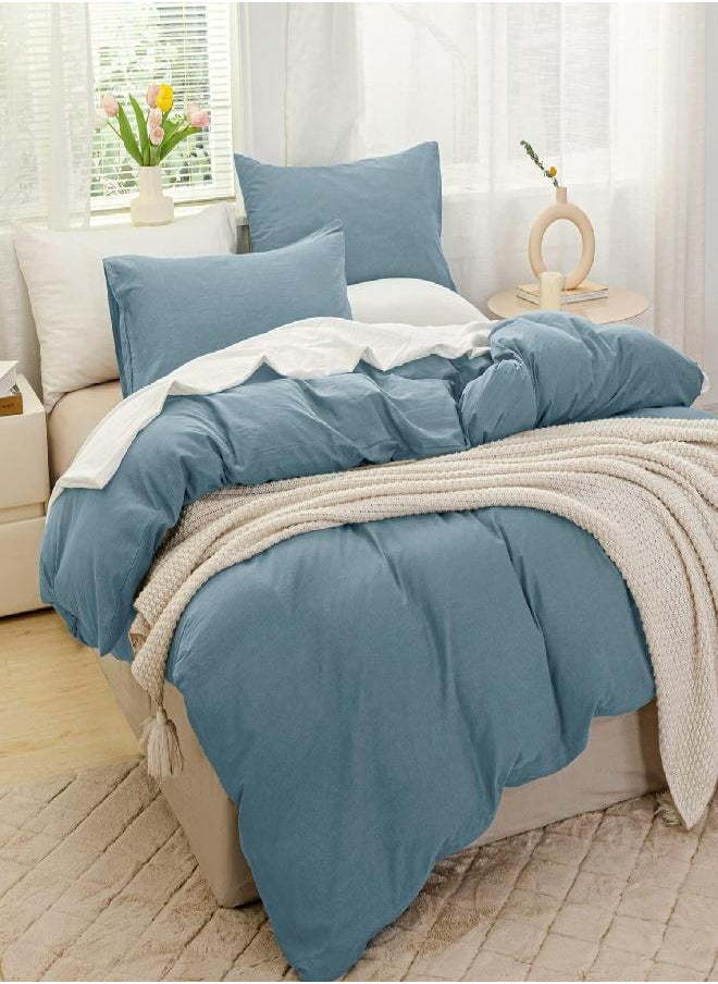 JELLYMONI JELLYMONI Grayish Blue 100% Washed Cotton Duvet Cover Set, 3 Pieces Luxury Soft Bedding Set with Zipper Closure. Solid Color Pattern Duvet Cover Queen Size(No Comforter)  - Image 2