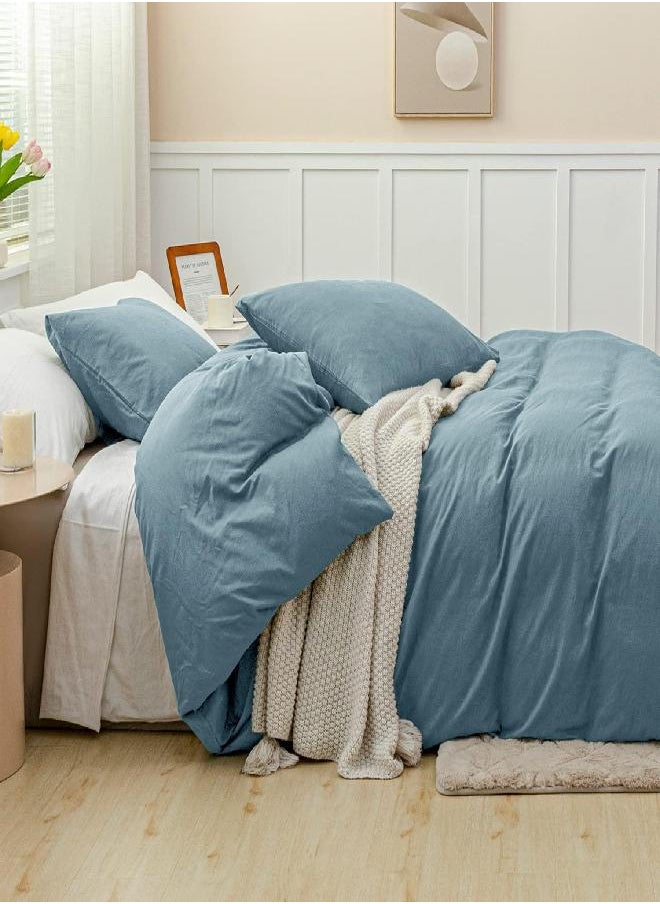 JELLYMONI JELLYMONI Grayish Blue 100% Washed Cotton Duvet Cover Set, 3 Pieces Luxury Soft Bedding Set with Zipper Closure. Solid Color Pattern Duvet Cover Queen Size(No Comforter)  - Image 4