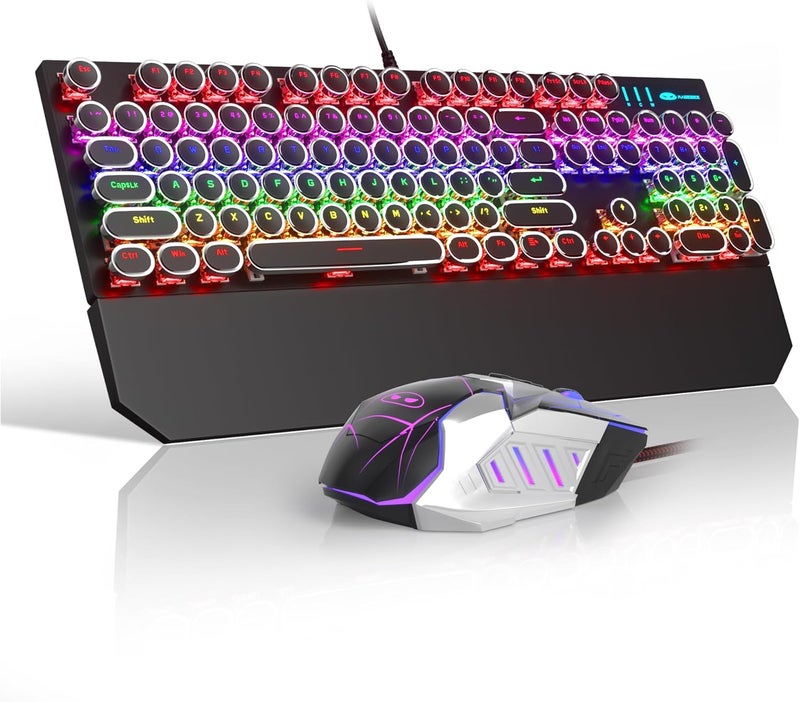 Camiysn Retro Typewriter Keyboard and Mouse Combo, Cute Black Keyboard with Linear Red Switches, Full Size Wired Mechanical Gaming Keyboard, Cool Light Up Keyboard and Mouse for Gaming,Work,Mac,PC,Windows - Image 1