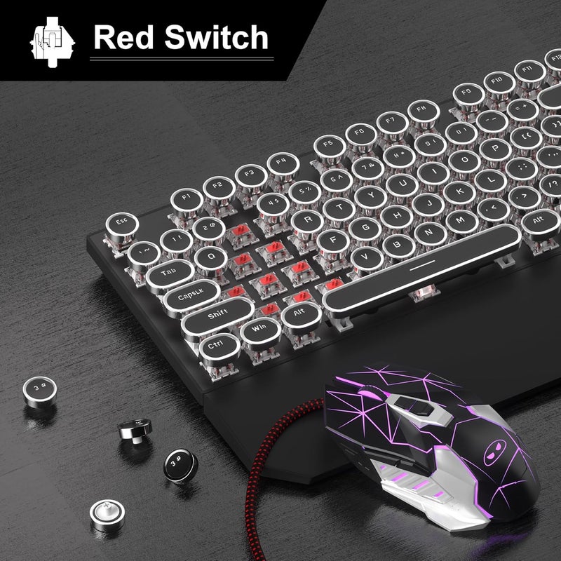 Camiysn Retro Typewriter Keyboard and Mouse Combo, Cute Black Keyboard with Linear Red Switches, Full Size Wired Mechanical Gaming Keyboard, Cool Light Up Keyboard and Mouse for Gaming,Work,Mac,PC,Windows - Image 2