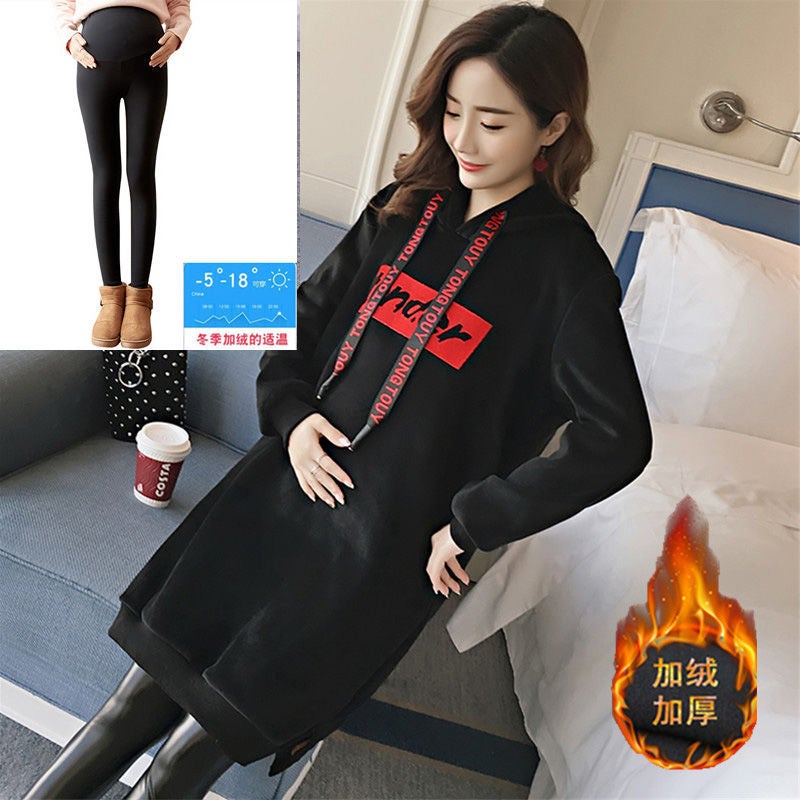 Maternity Velvet Hoodie Dress Autumn Winter Black fleece-lined Top Black Pants 