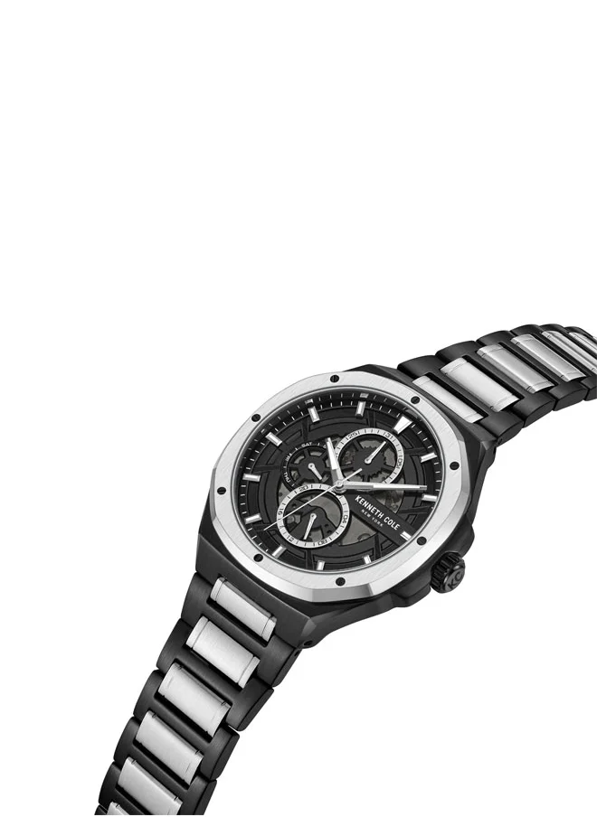 كينيث كول نيو يورك Kenneth Cole New York 43.5mm Multifunction Men's Watch with Black Dial & Black, Silver Stainless Steel Bracelet