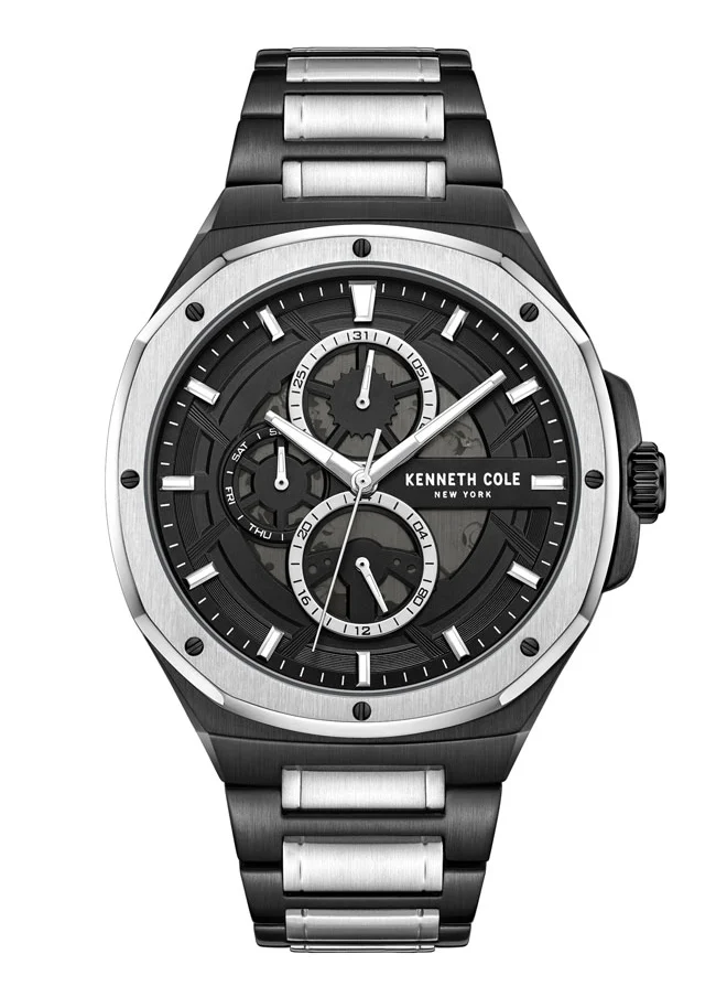 كينيث كول نيو يورك Kenneth Cole New York 43.5mm Multifunction Men's Watch with Black Dial & Black, Silver Stainless Steel Bracelet