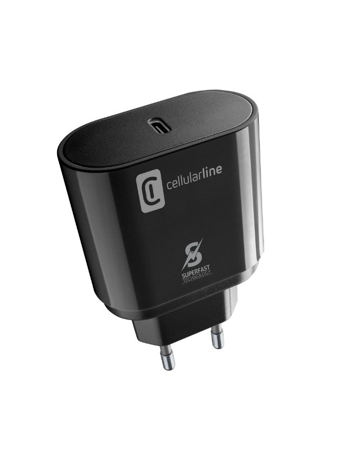سيلولار لاين شاحن جداري Cellularline USB-C بقدرة 25 واط – شحن سريع للهواتف والأجهزة اللوحية، أسود - Image 1