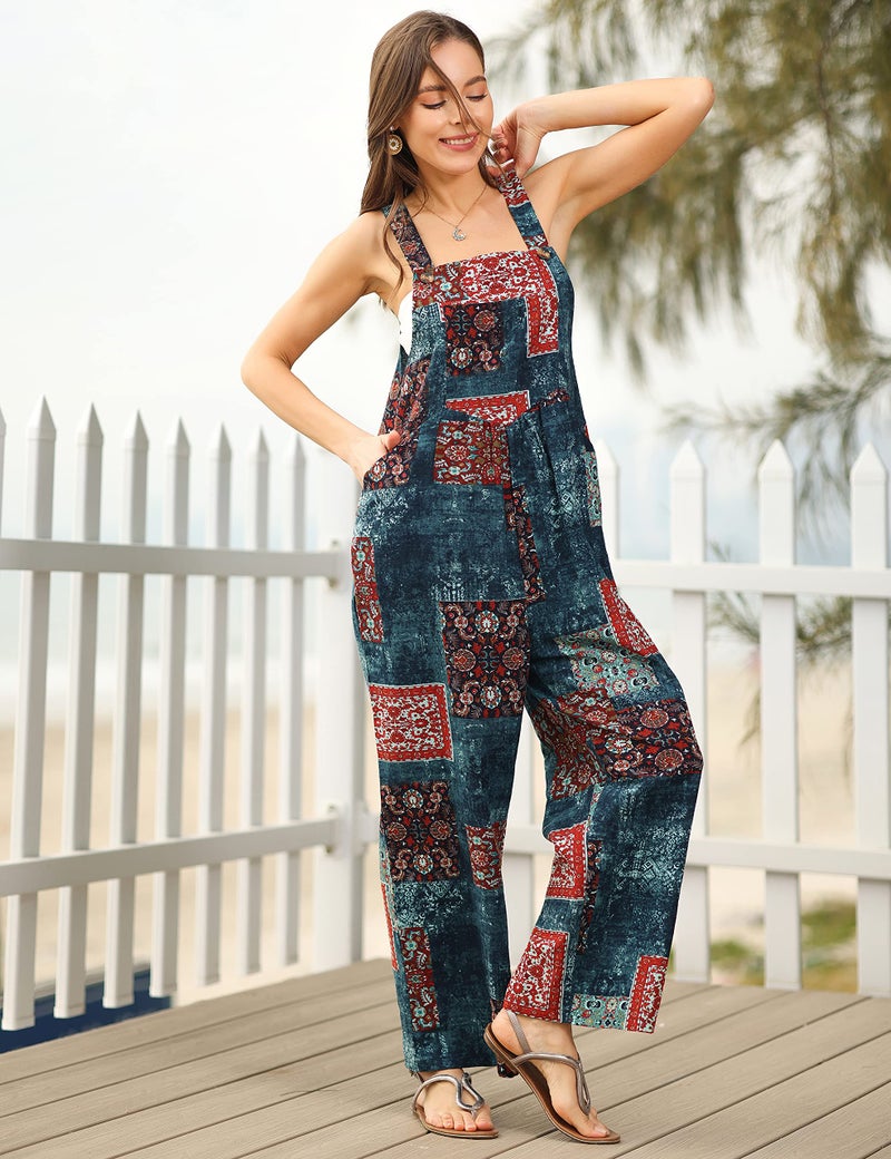 Himosyber Women's Patchwork Dual Pocket Jumpsuit Loose Floral Print Bohemian Wide Leg Bib Overall (#1TealBlue, S) - Image 4