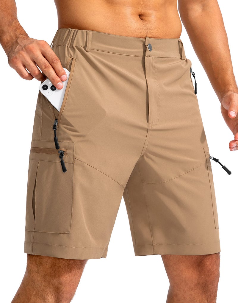 Pudolla Men's Hiking Cargo Shorts 9" Lightweight Outdoor Work Shorts for Men Travel Golf Camping Casual with 5 Zipper Pockets(Dark Khaki Large) - Image 1