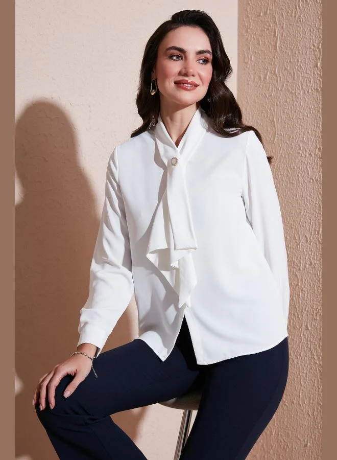 ليلا قميص نسائي بأزرار وياقة وشاح بأكمام طويلة