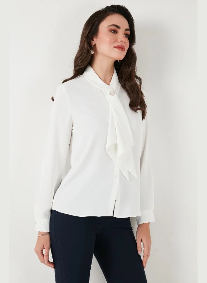 ليلا قميص نسائي بأزرار وياقة وشاح بأكمام طويلة