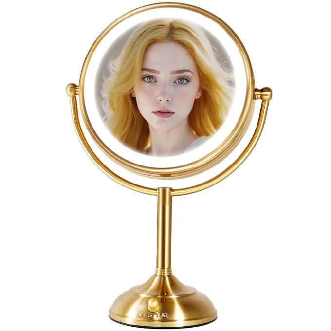 85 LARGE GOLD LIGHTED MAKEUP MIRROR 1X10X CLEAR SEAMLESS MAGNIFYING MIRROR BRIGHT VANITY MIRROR WITH 3 COLORS DIMMABLE LIGHTS TWOSIDED 360ROTATION STABLE BASE LUXURY NICKEL GIFT BOX