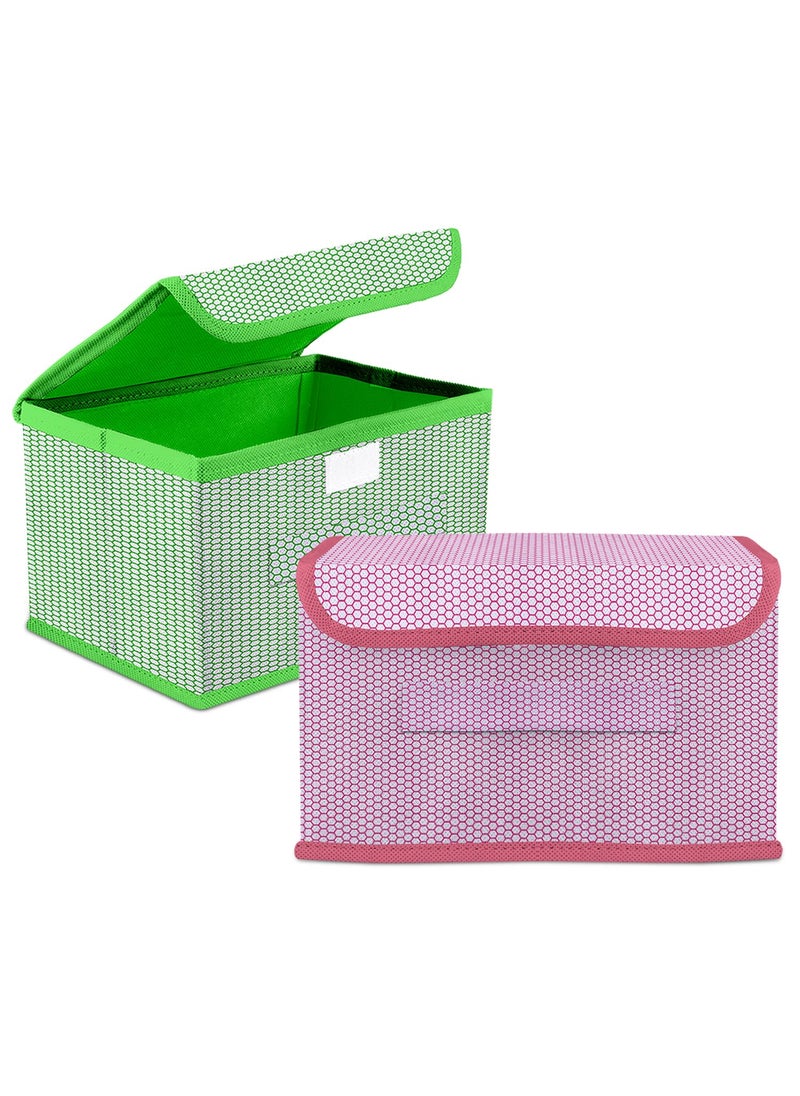 Kuber Industries Kuber Industries Drawer Storage Box Dhakkan Storage Box NonWoven Clothes Organizer For Toys Foldable Storage Box with Handle Small Pack of 2 Green Pink  - Image 1