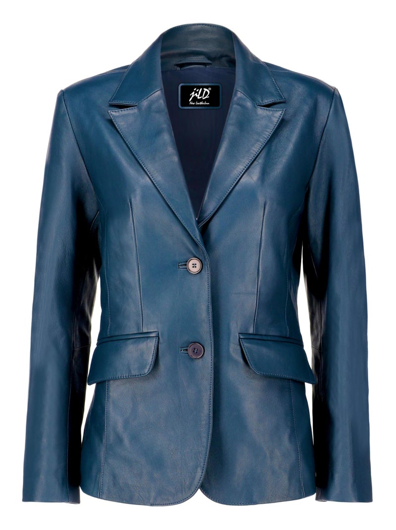 Jild Classic 2Button Lambskin Leather Blazer Women Casual Coat Long Sleeves Suit Style Leather Jacket Women LCBlueL