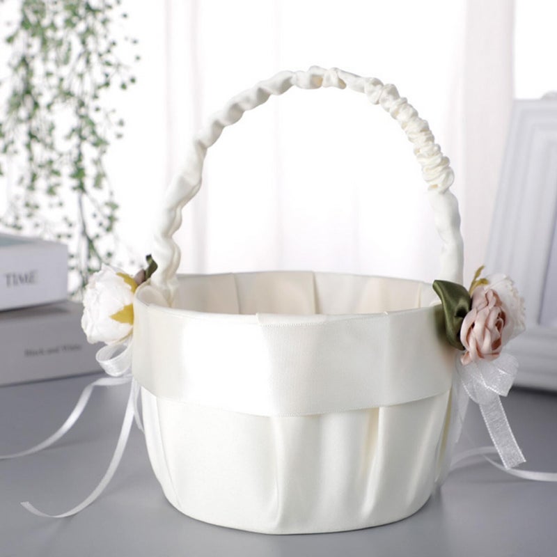White Satin Lace Wedding Flower Girl Petal Basket with Bowknot Bridal Party Ceremony - Image 5