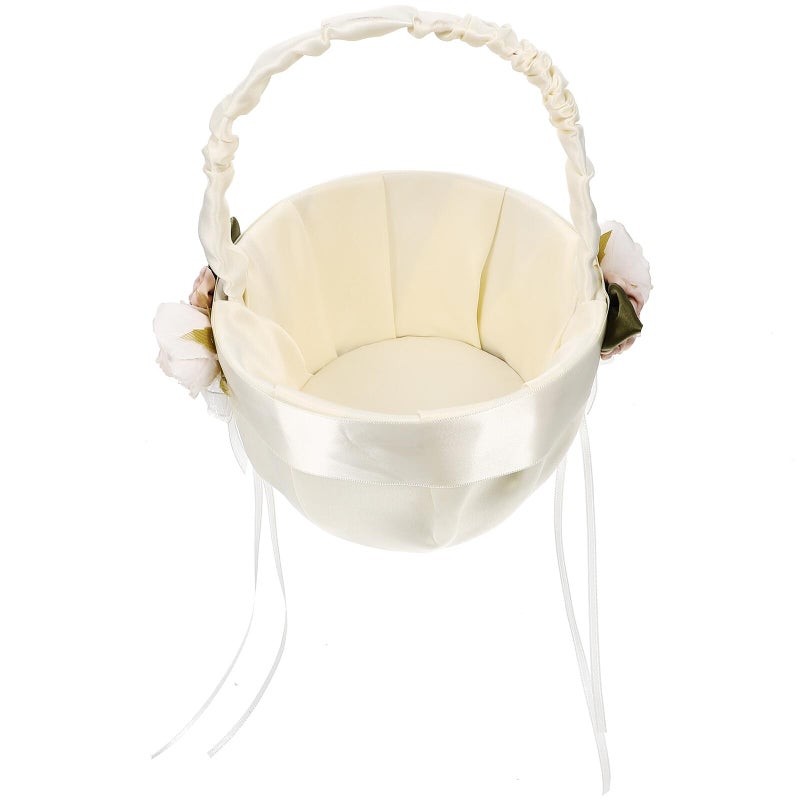 White Satin Lace Wedding Flower Girl Petal Basket with Bowknot Bridal Party Ceremony - Image 2