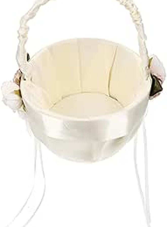 White Satin Lace Wedding Flower Girl Petal Basket with Bowknot Bridal Party Ceremony - Image 1