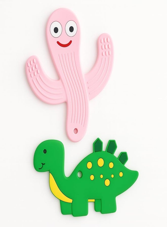 DTR Creation Silicone Baby Teether Combo (Pink Wiggly + Green Dinosaur) | BPA-Free, Food-Grade Silicone | Soft, Chewable & Easy Grip Teething Toy for Babies (0–3 Years) | Safe, Washable & Freezer-Friendly - Image 1