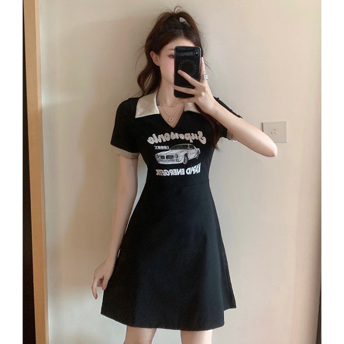 Polo Collar Academy Style Slimming plus size Womens chubby girl Tight Waist A- Line Skirt Sweet Mid-Length Summer Slimming Skirt Short 091