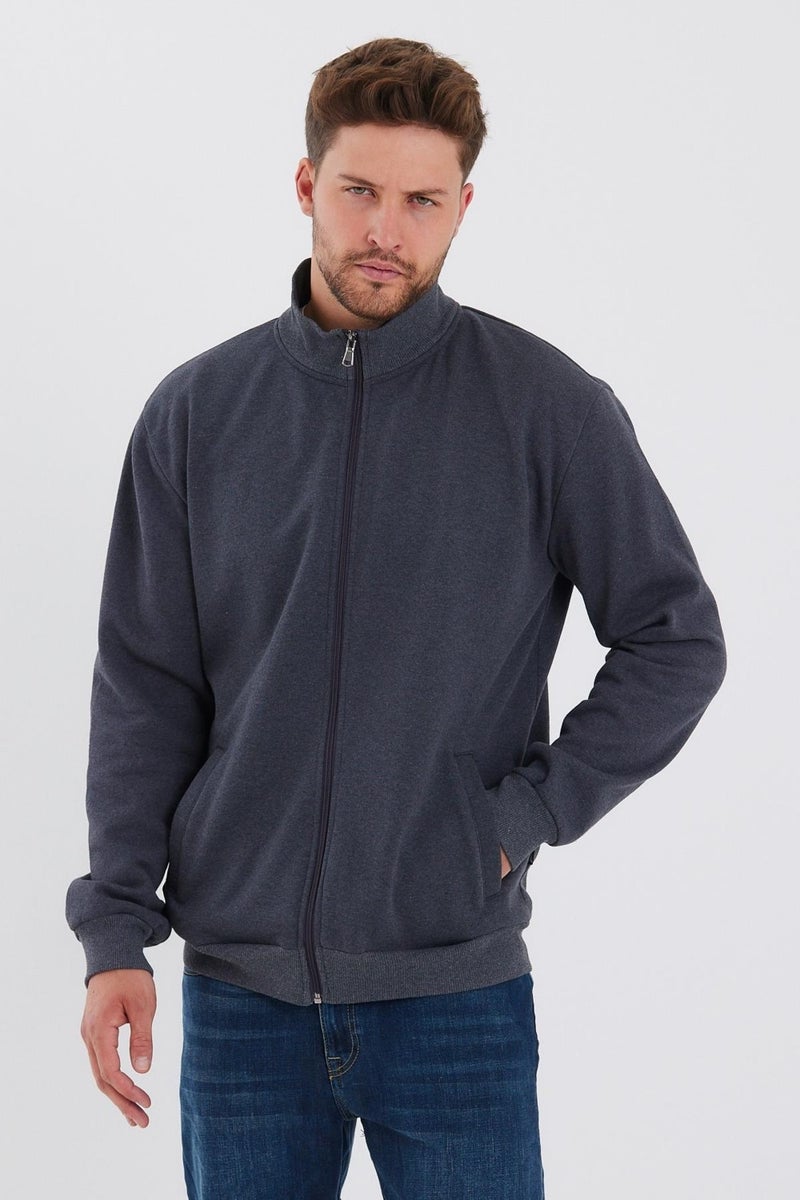 mmetalic Cotton Inside Zippered Vertical Side Pocket Men's Anthracite Cardigan  - Image 1