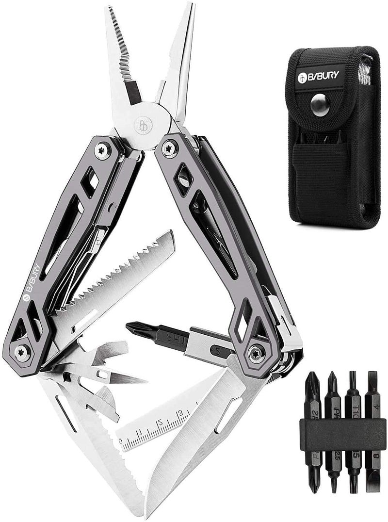 BIBURY Multitool Pliers, 21-in-1 Stainless Steel Pocket Knife with Screwdriver Sleeve, Foldable Safety Locking Design Multi Tool with Sheath for Survival, Camping, Fishing & Home Repair, Gift for Men - Image 1