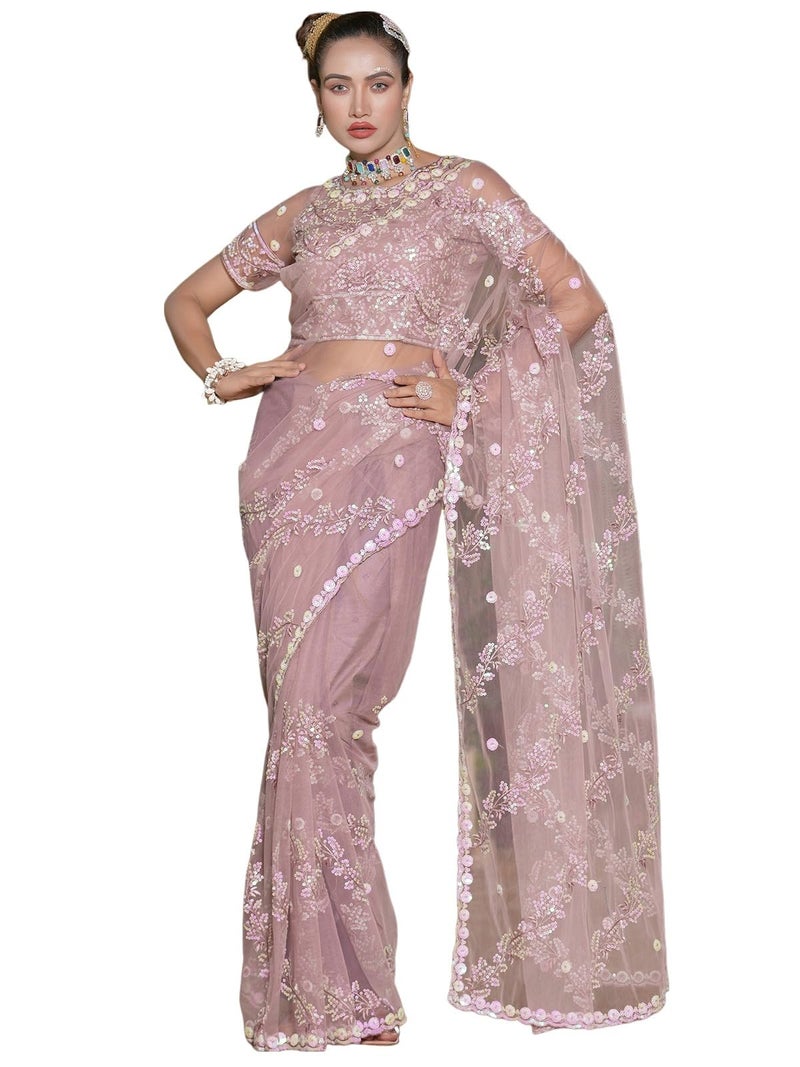 Satrani Women's Net Sequence Embroidery Work Saree with Unstitched Blouse Piece (3187S144N_Dusty Pink) - Image 1