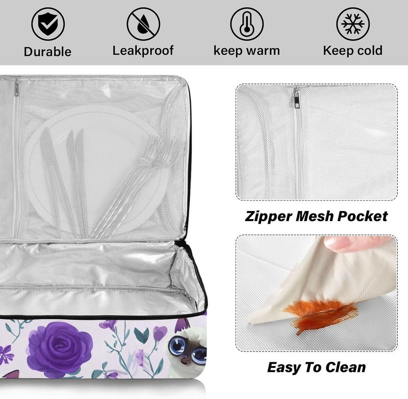 ElliTarr Casserole Carrier Insulated Casserole Dish Carrier Thermal Food Warmer Bag Lasagna Holder Lugger Tote Potluck Containers for Travel Picnic Party Purple Floral Cute Cats - Image 4