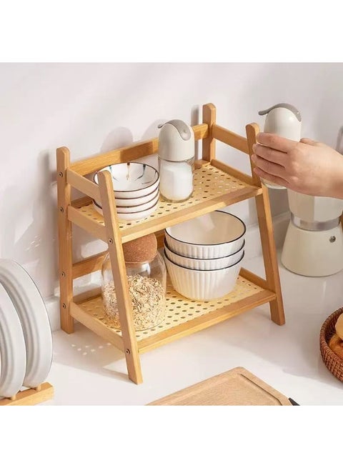 2-Tier Bamboo Storage Rack – Rattan-Style Cup Organizer Shelf for Kitchen Counter, Tabletop Dish Rack for Bowls, Mugs & Spices, Space-Saving Organizer for Home & Dorm