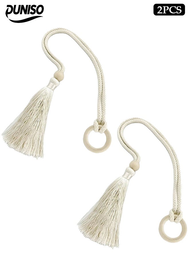 DUNISO 2 قطع ربطات ستائر، حبال قطنية مع خرز خشبي بتصميم سحب الستائر، قابلة للتعديل حسب سمك الستائر، شكل بسيط وجوي، عملية وأنيقة، مناسبة لستائر غرفة المعيشة وغرفة النوم، 75 سم، أبيض - Image 1