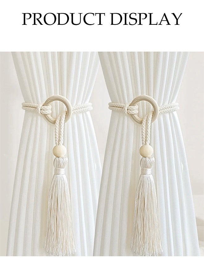 DUNISO 2 قطع ربطات ستائر، حبال قطنية مع خرز خشبي بتصميم سحب الستائر، قابلة للتعديل حسب سمك الستائر، شكل بسيط وجوي، عملية وأنيقة، مناسبة لستائر غرفة المعيشة وغرفة النوم، 75 سم، أبيض - Image 5