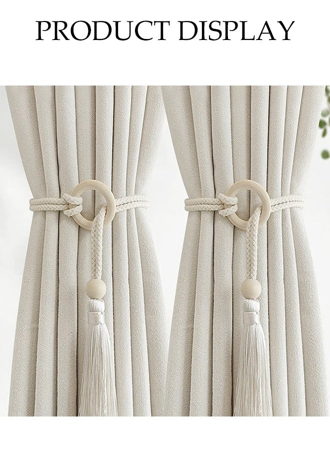 DUNISO 2 قطع ربطات ستائر، حبال قطنية مع خرز خشبي بتصميم سحب الستائر، قابلة للتعديل حسب سمك الستائر، شكل بسيط وجوي، عملية وأنيقة، مناسبة لستائر غرفة المعيشة وغرفة النوم، 75 سم، أبيض - Image 3