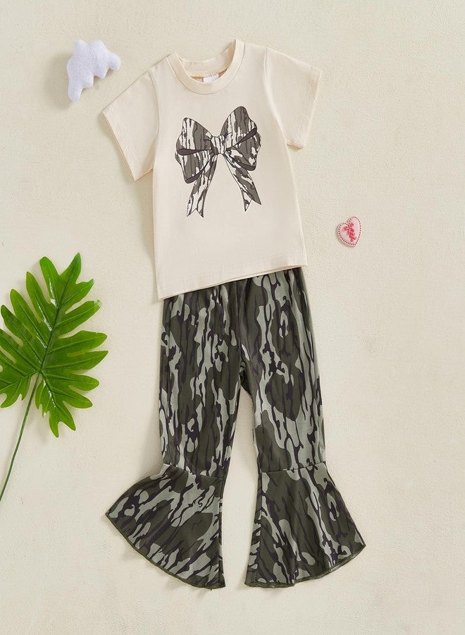 Yoawdats Toddler Baby Girl Hunting Clothes Bow Short Sleeve Tops Camouflage Pant Kids Bell Bottoms Suit Infant Summer Outfits (Khaki, 3-4T) - Image 2