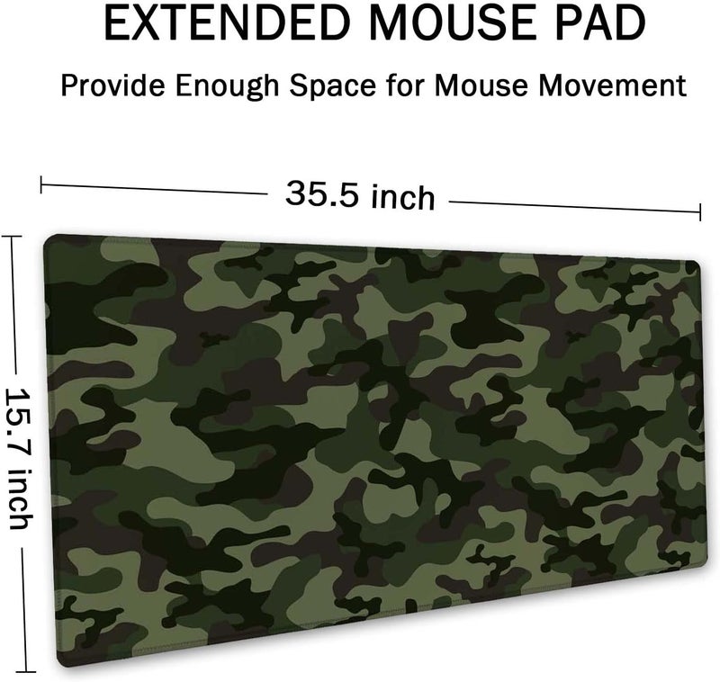SSOIU Extended Gaming Mouse Pad (35.5x15.7 in), Large Non-Slip Rubber Base Mousepad with Stitched Edges, Waterproof Keyboard Mouse Mat Desk Pad for Work, Game, Office, Home - Green Camouflage - Image 2