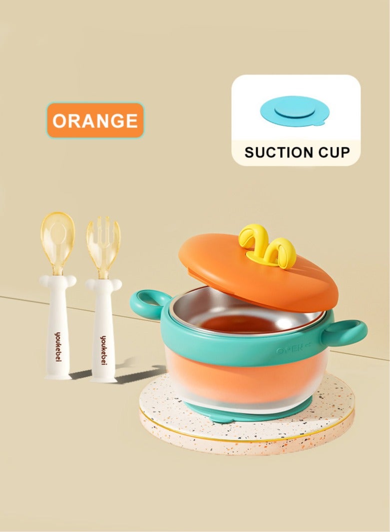 RAKAY Temperature-Sensitive Stainless Steel Baby Bowl Set, Water Filled And Insulated, Drop And Scald Resistant, Fork And Spoon Included,Orange - Image 1