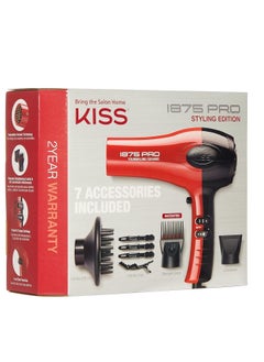 KISS 1875 Watt Pro Tourmaline Ceramic Hair Dryer, Styling Edition, 3 Heat Settings, 2 Speed Settings, Cool Shot Button, 7 Blow Dryer Accessories Included - Red
