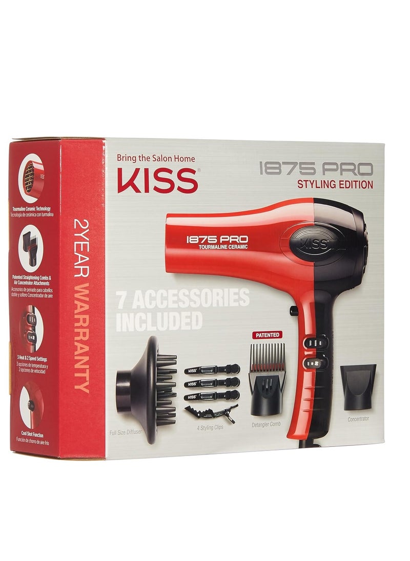 KISS - KISS 1875 Watt Pro Tourmaline Ceramic Hair Dryer, Styling Edition, 3 Heat Settings, 2 Speed Settings, Cool Shot Button, 7 Blow Dryer Accessories Included - Red - Image 1