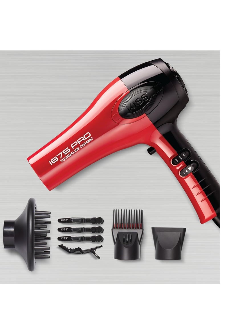 KISS - KISS 1875 Watt Pro Tourmaline Ceramic Hair Dryer, Styling Edition, 3 Heat Settings, 2 Speed Settings, Cool Shot Button, 7 Blow Dryer Accessories Included - Red - Image 1