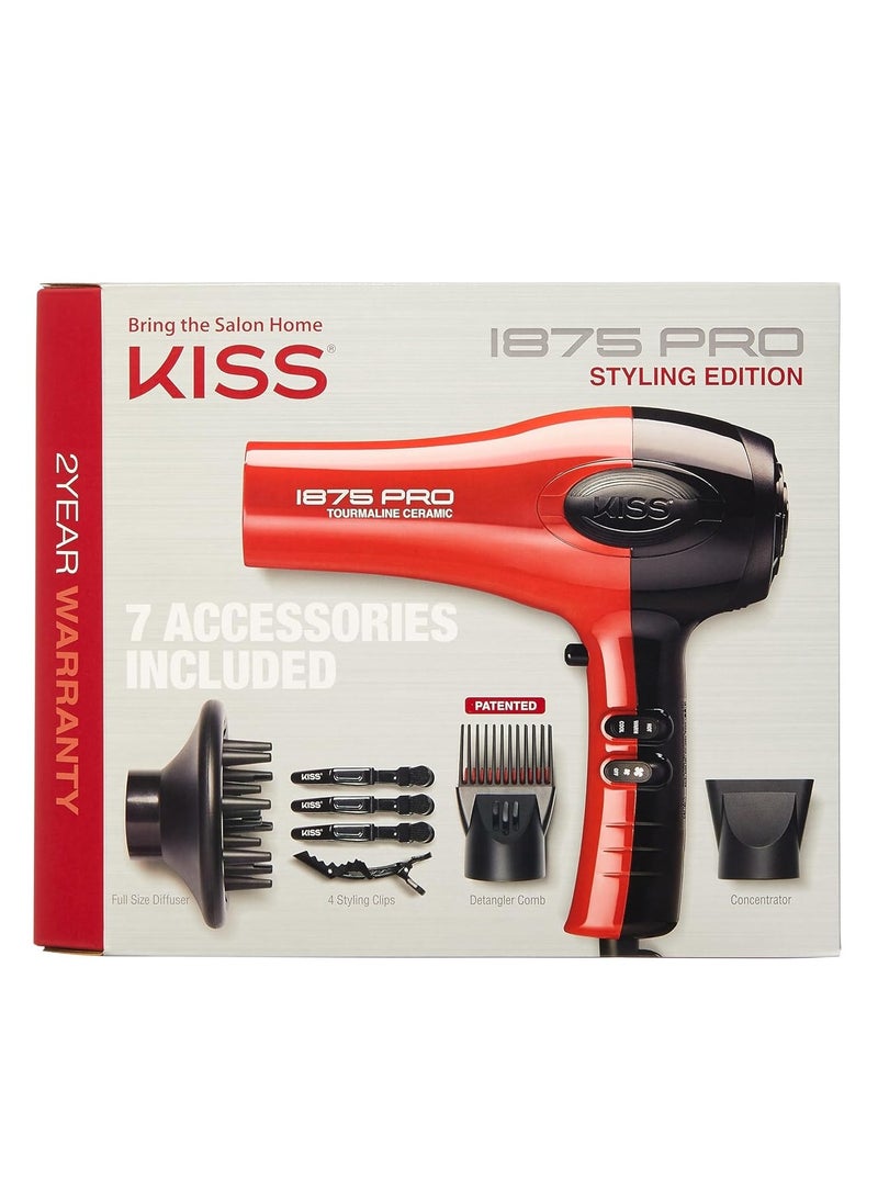 KISS - KISS 1875 Watt Pro Tourmaline Ceramic Hair Dryer, Styling Edition, 3 Heat Settings, 2 Speed Settings, Cool Shot Button, 7 Blow Dryer Accessories Included - Red - Image 1