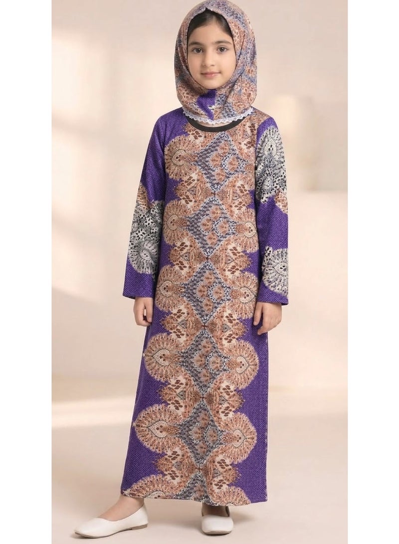 Kids Girls Prayer Esdall / Abaya Size 12 Patterned with Matching Sleeves and Hood - Islamic Prayer Dress - Image 2