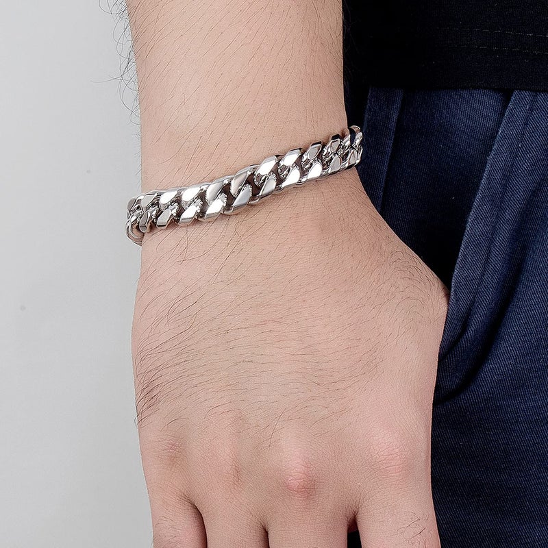 Dankadi Fashion 925 Sterling Silver Solid Miami Cuban Link Chain Bracelet 8MM-12MM-14MM Curb Cuban Solid Thick Big Link Bracelet For Men 7-10 Inch Jewelry Gift (12MM 8.5 inch) - Image 4